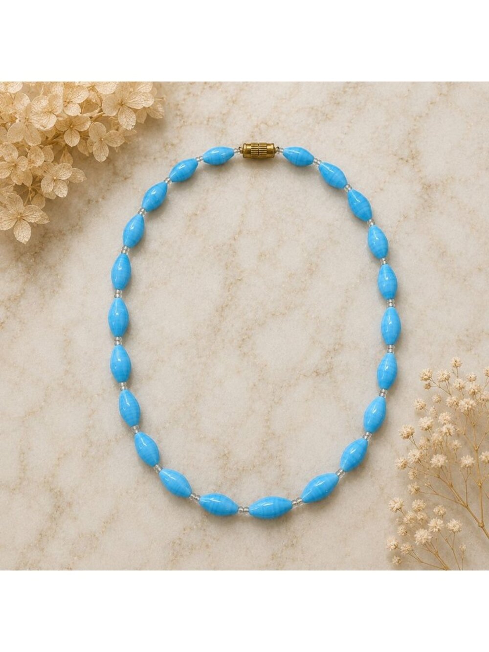 Vintage 1960s Sky Blue Glass Bead Necklace Made in India New Old Stock‎